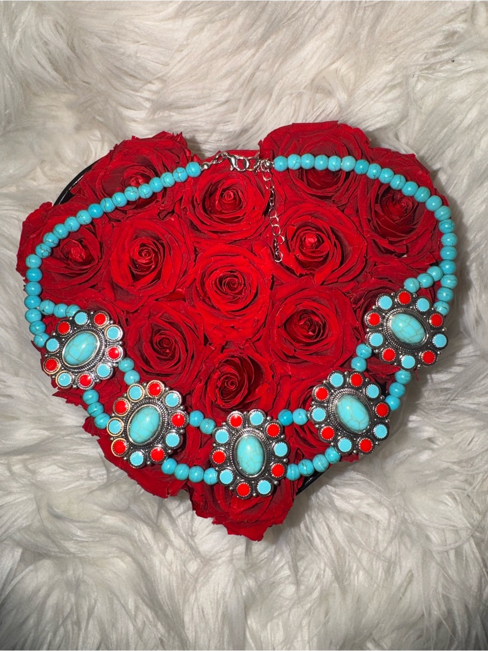 Southwestern Turquoise & Red Statement Necklace Silver Tone Boho Western